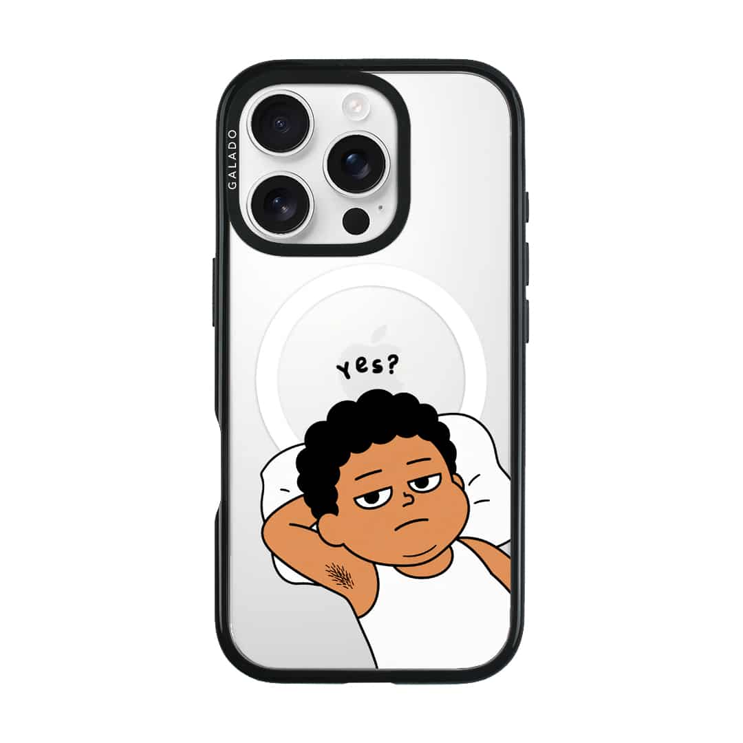Apa Lagi Lah phone case, Uncle Boi lying in bed with his arm behind his head saying Yes?
