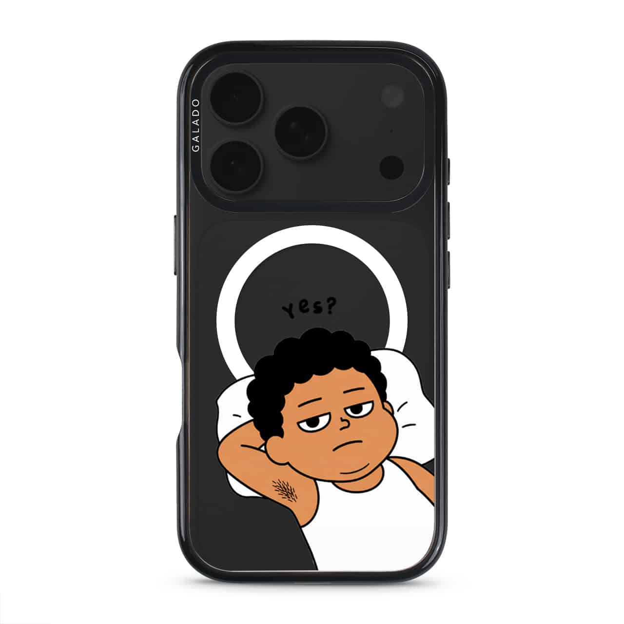 Apa Lagi Lah phone case, Uncle Boi lying in bed with his arm behind his head saying Yes?