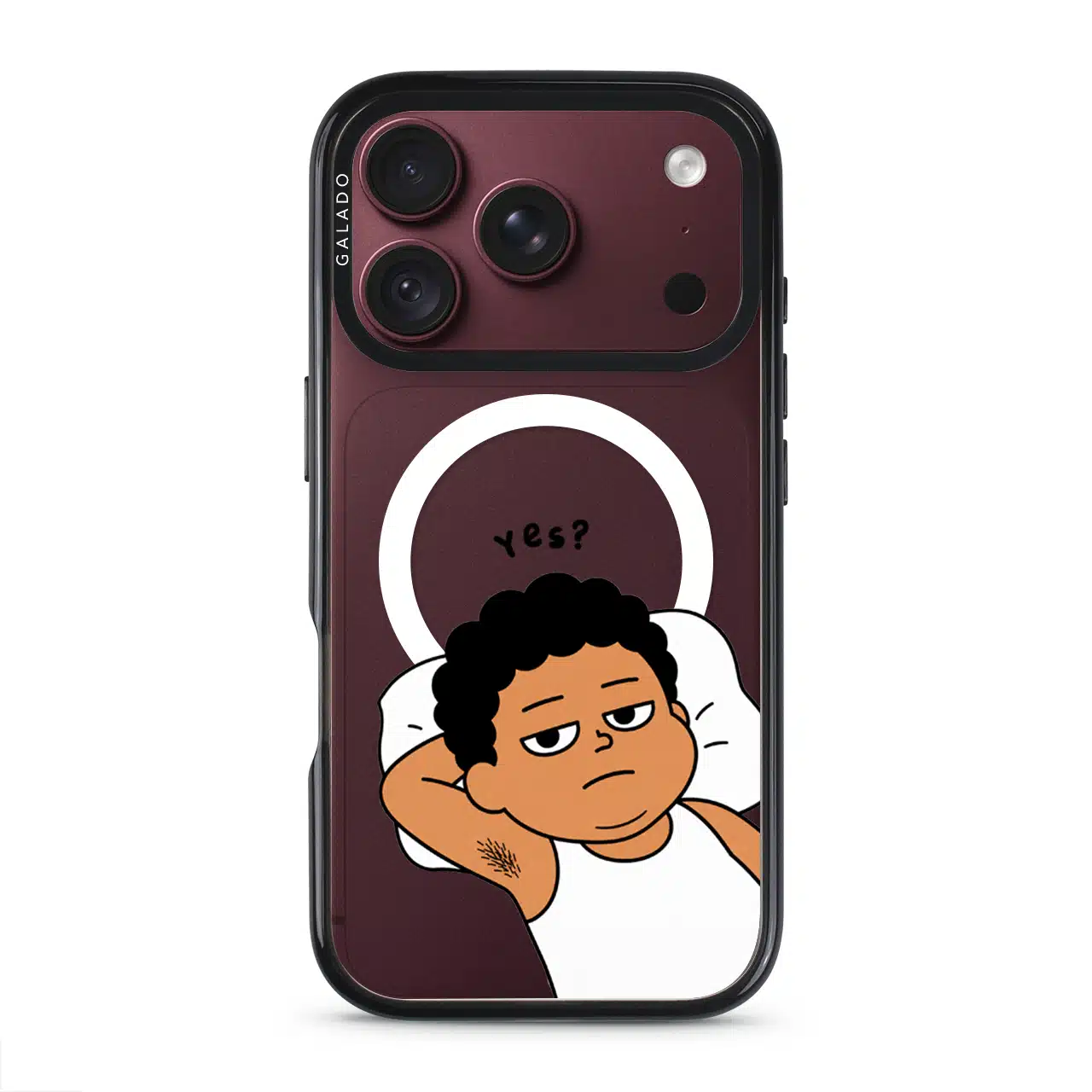 Apa Lagi Lah phone case, Uncle Boi lying in bed with his arm behind his head saying Yes?