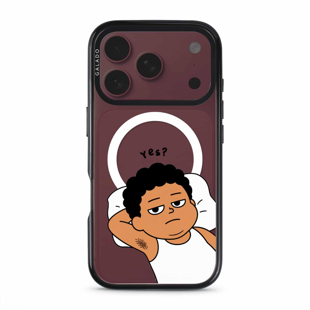 Apa Lagi Lah phone case, Uncle Boi lying in bed with his arm behind his head saying Yes?