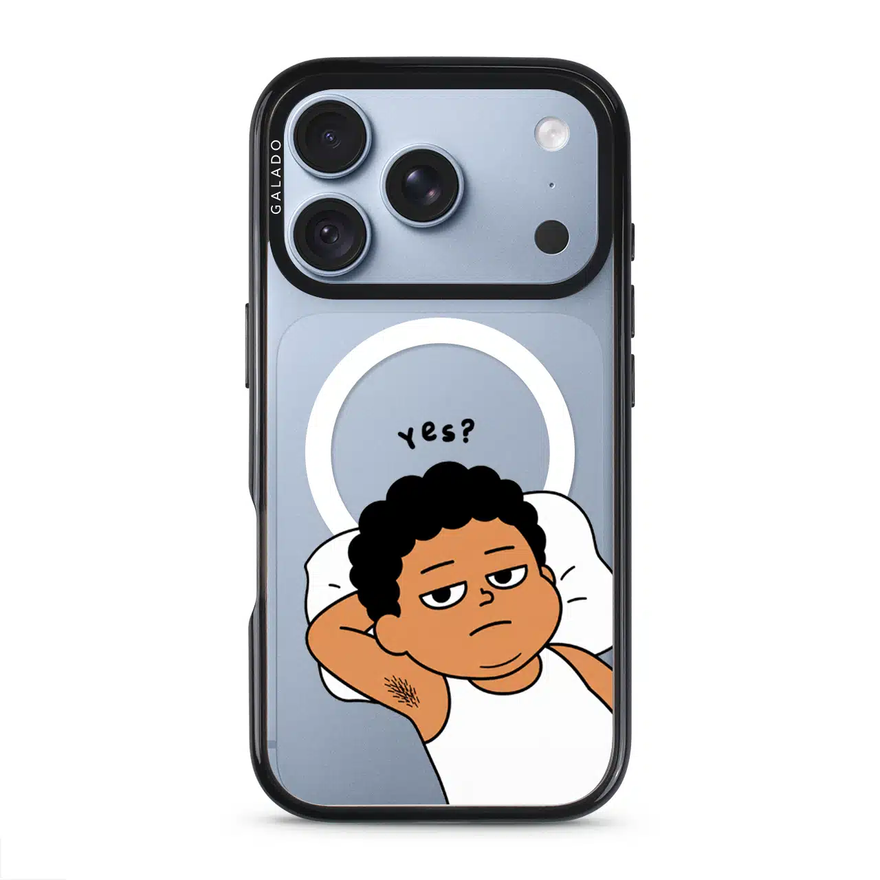 Apa Lagi Lah phone case, Uncle Boi lying in bed with his arm behind his head saying Yes?