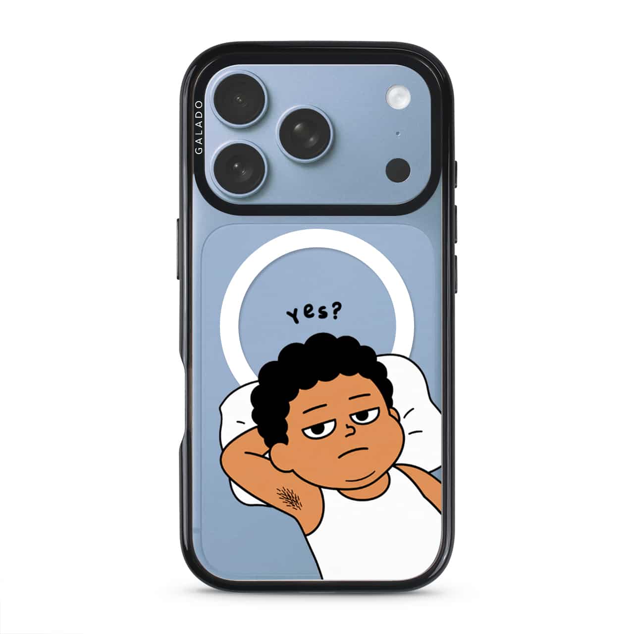 Apa Lagi Lah phone case, Uncle Boi lying in bed with his arm behind his head saying Yes?