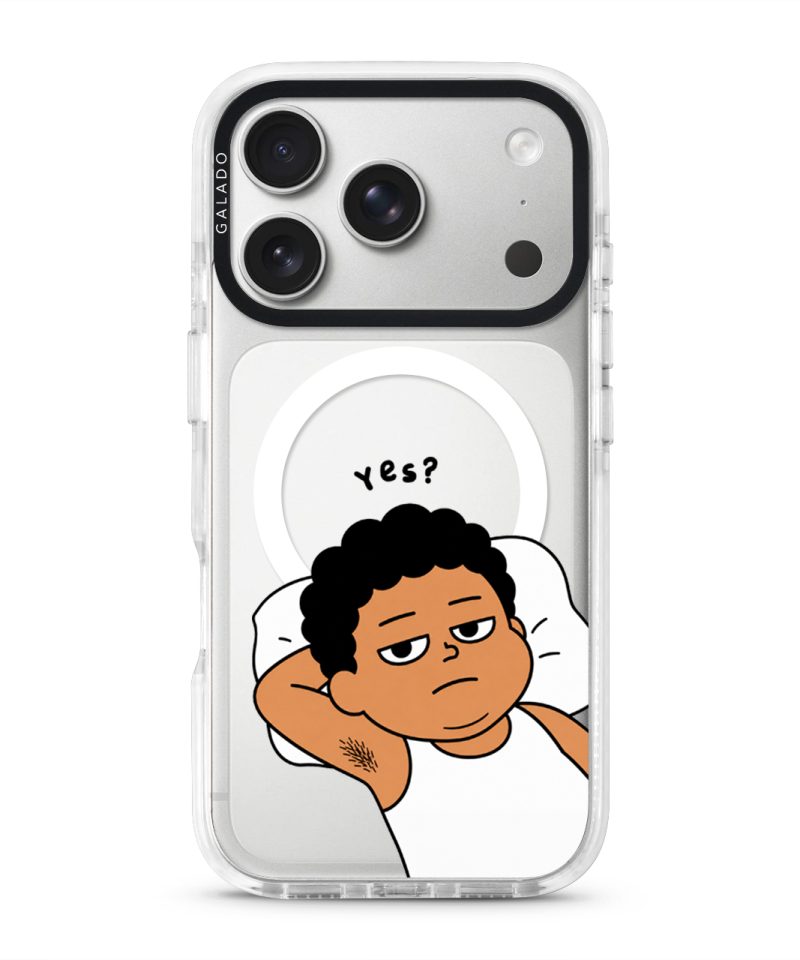 Apa Lagi Lah phone case, Uncle Boi lying in bed with his arm behind his head saying Yes?