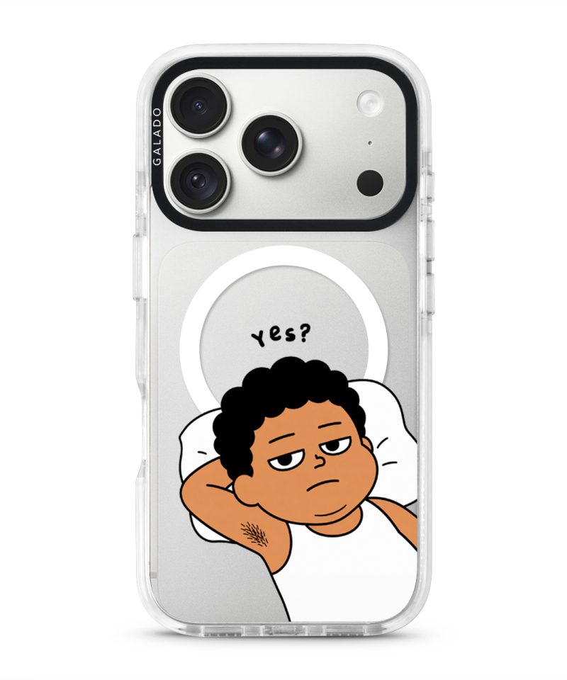 Apa Lagi Lah phone case, Uncle Boi lying in bed with his arm behind his head saying Yes?