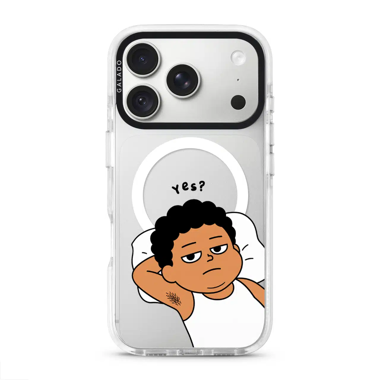 Apa Lagi Lah phone case, Uncle Boi lying in bed with his arm behind his head saying Yes?