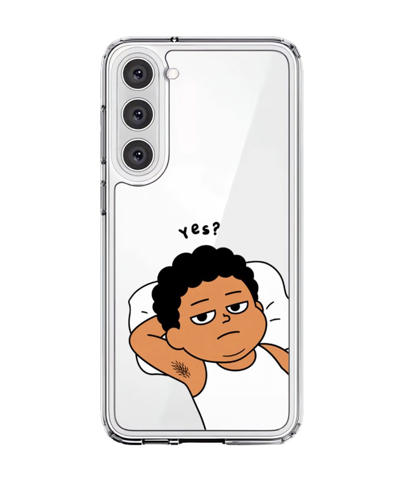 Apa Lagi Lah phone case, Uncle Boi lying in bed with his arm behind his head saying Yes?