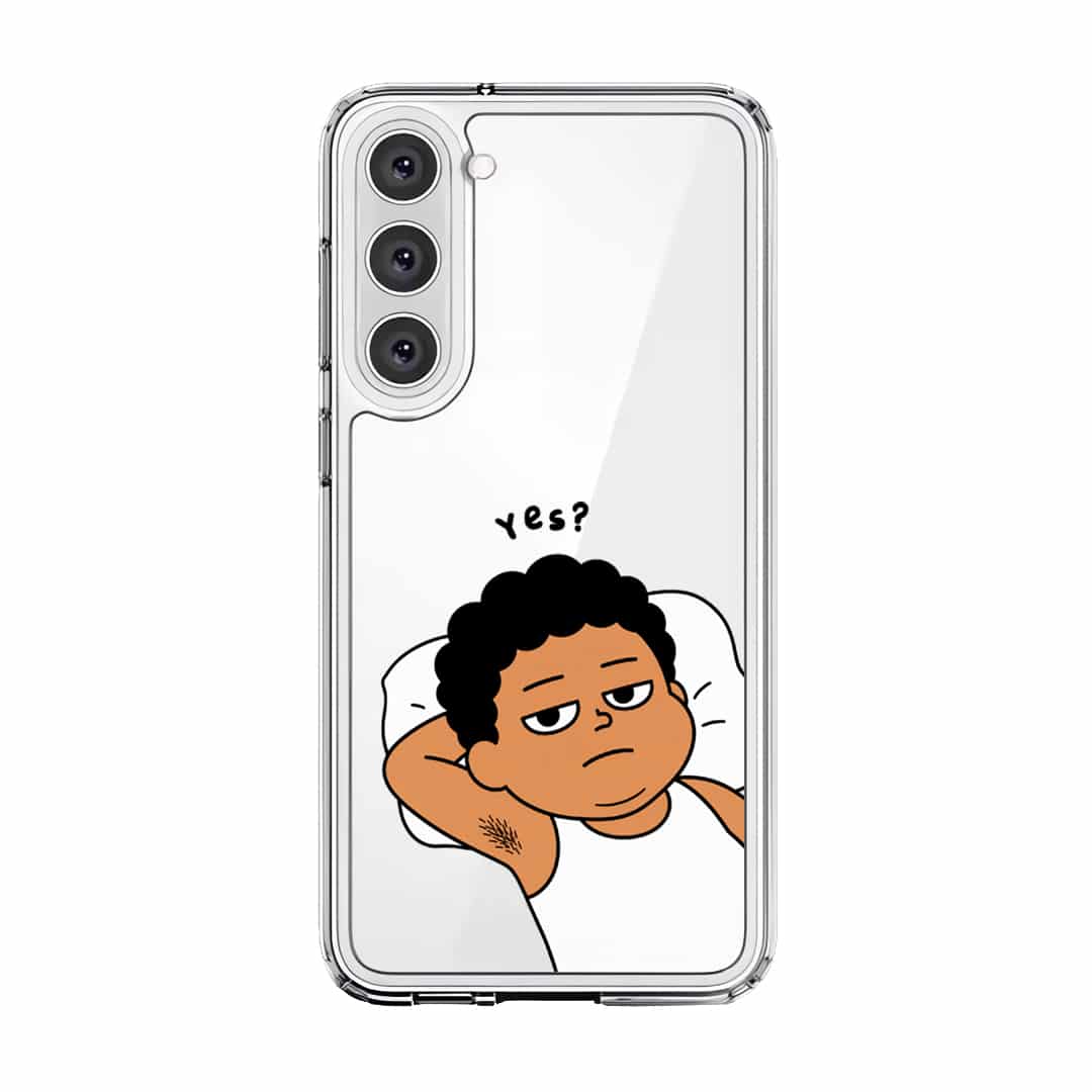 Apa Lagi Lah phone case, Uncle Boi lying in bed with his arm behind his head saying Yes?
