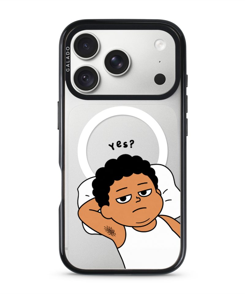 Apa Lagi Lah phone case, Uncle Boi lying in bed with his arm behind his head saying Yes?