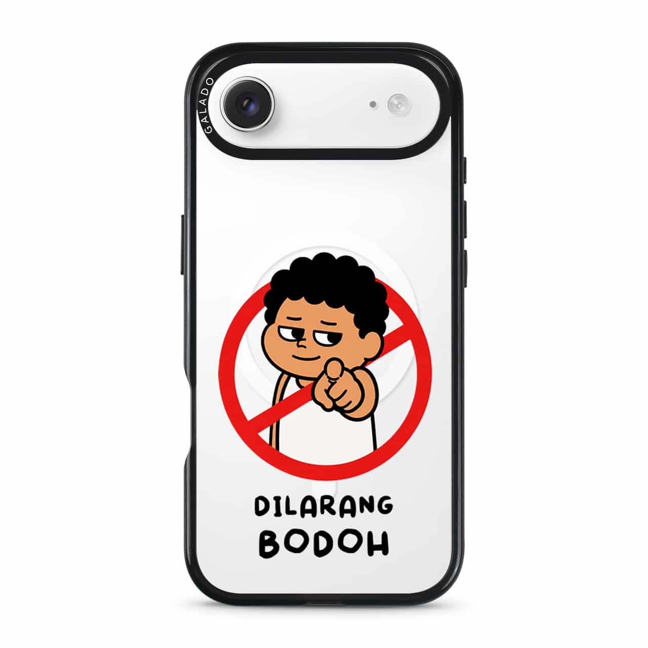 Dilarang Buat Bodoh phone case, Uncle Boi pointing out of a red prohibition sign above the words Dilarang Bodoh