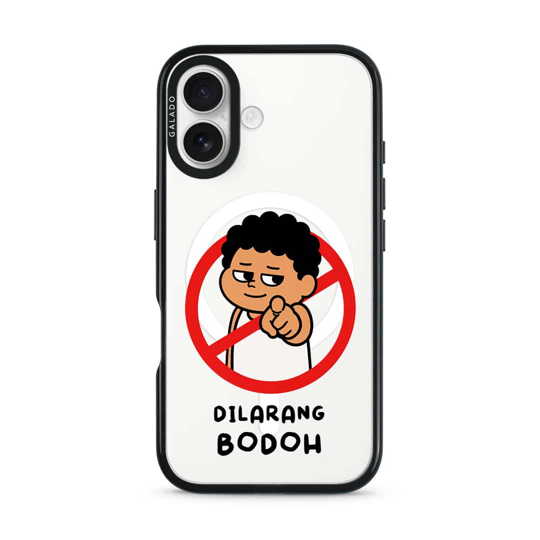 Dilarang Buat Bodoh phone case, Uncle Boi pointing out of a red prohibition sign above the words Dilarang Bodoh