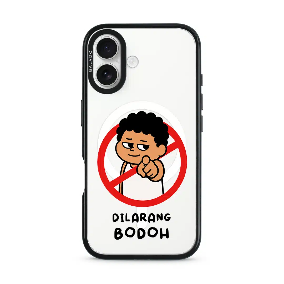 Dilarang Buat Bodoh phone case, Uncle Boi pointing out of a red prohibition sign above the words Dilarang Bodoh