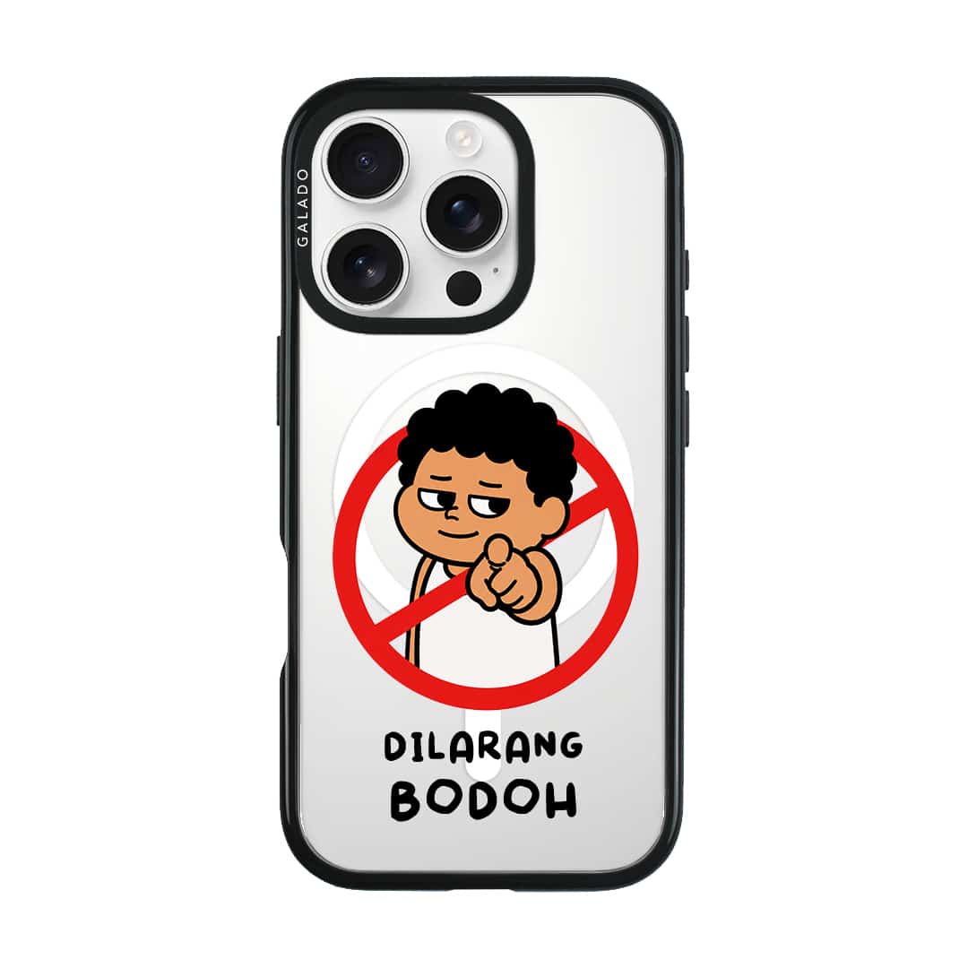 Dilarang Buat Bodoh phone case, Uncle Boi pointing out of a red prohibition sign above the words Dilarang Bodoh