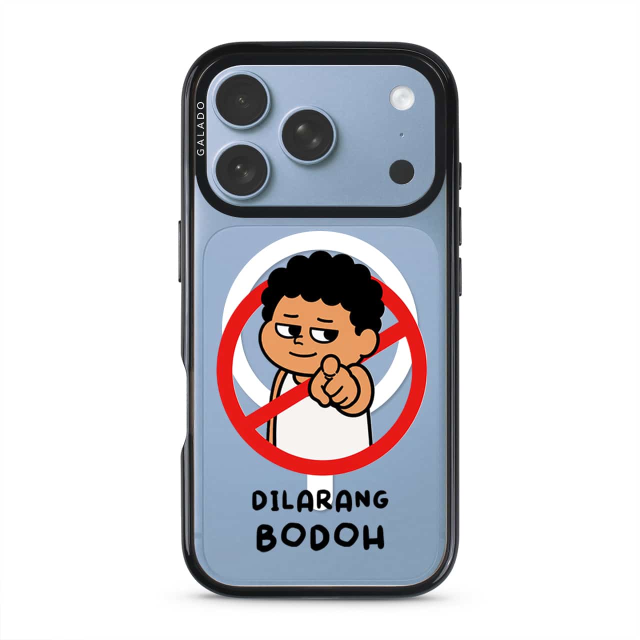 Dilarang Buat Bodoh phone case, Uncle Boi pointing out of a red prohibition sign above the words Dilarang Bodoh