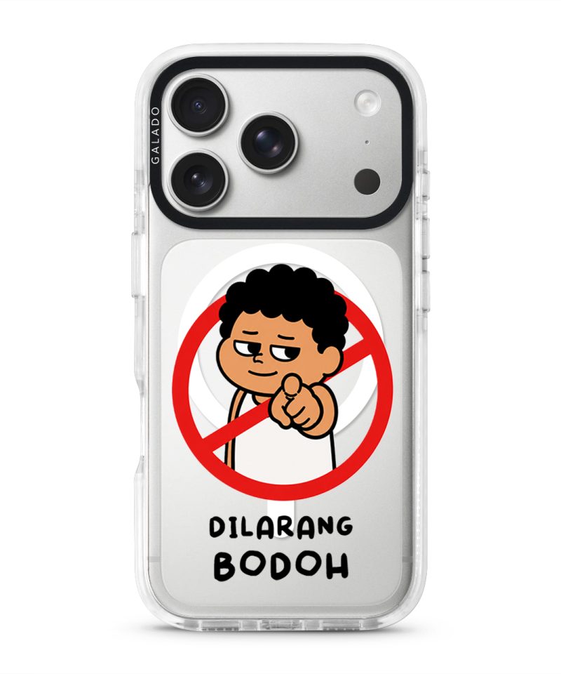 Dilarang Buat Bodoh phone case, Uncle Boi pointing out of a red prohibition sign above the words Dilarang Bodoh