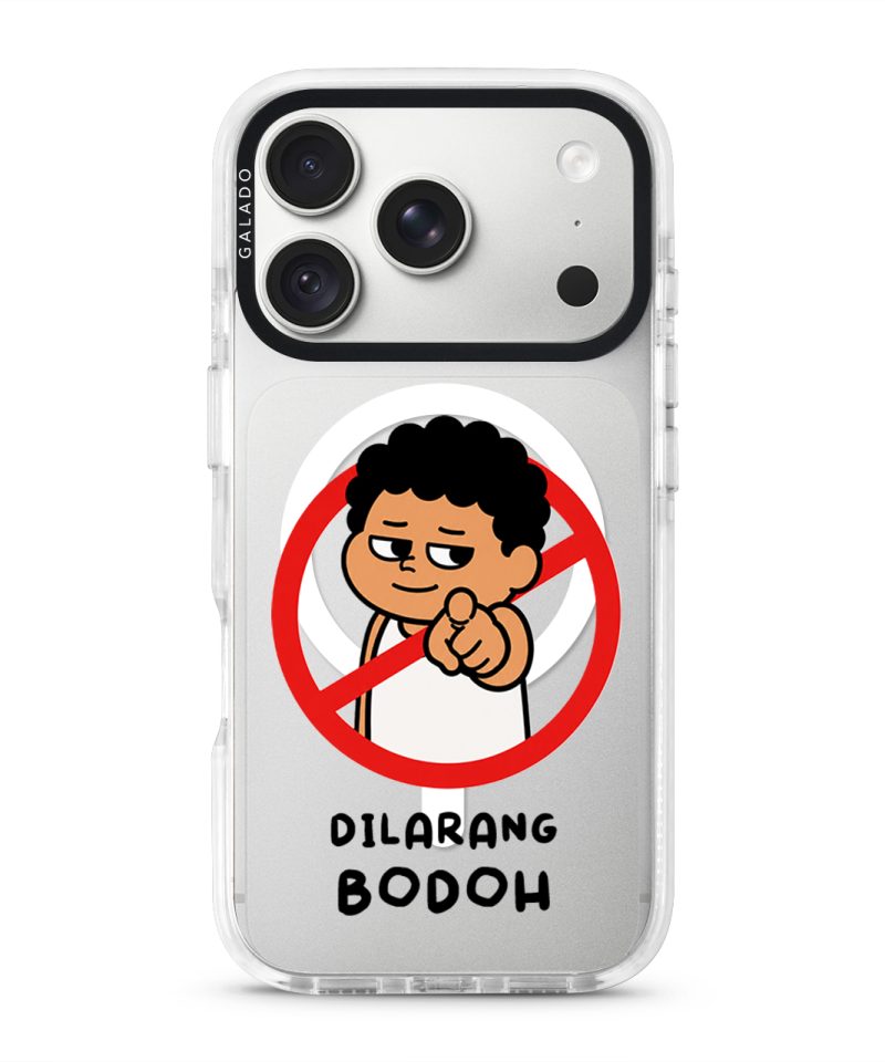 Dilarang Buat Bodoh phone case, Uncle Boi pointing out of a red prohibition sign above the words Dilarang Bodoh