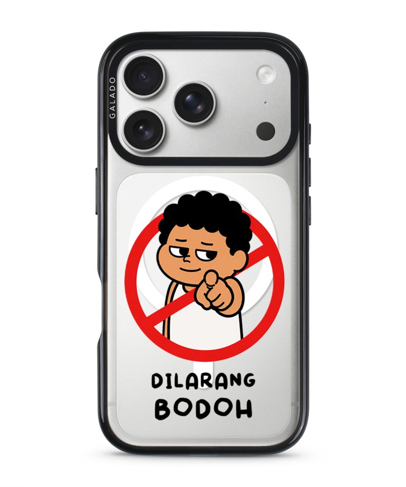 Dilarang Buat Bodoh phone case, Uncle Boi pointing out of a red prohibition sign above the words Dilarang Bodoh