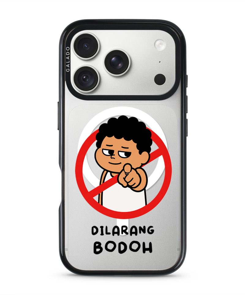 Dilarang Buat Bodoh phone case, Uncle Boi pointing out of a red prohibition sign above the words Dilarang Bodoh