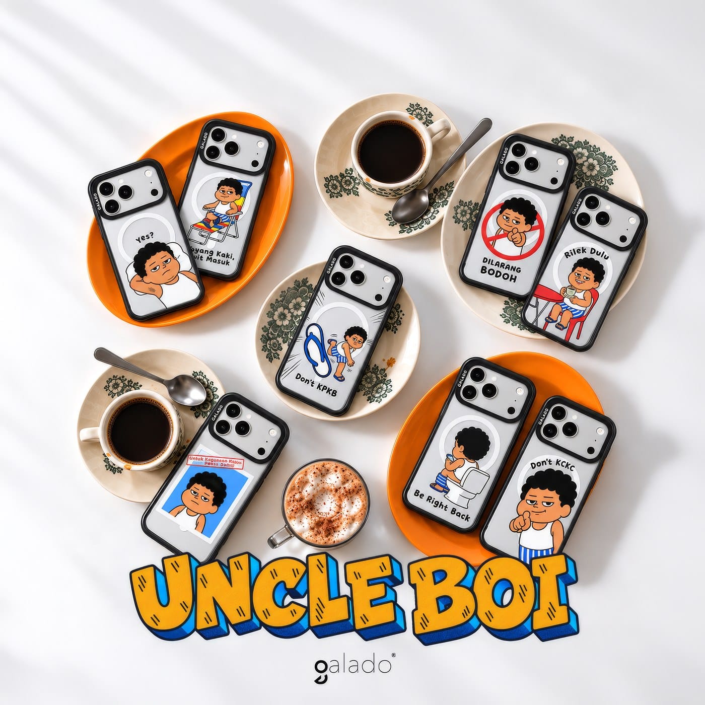 Uncle Boi phone cases laid out on kopitiam plates with kopi, the GALADO collection banner