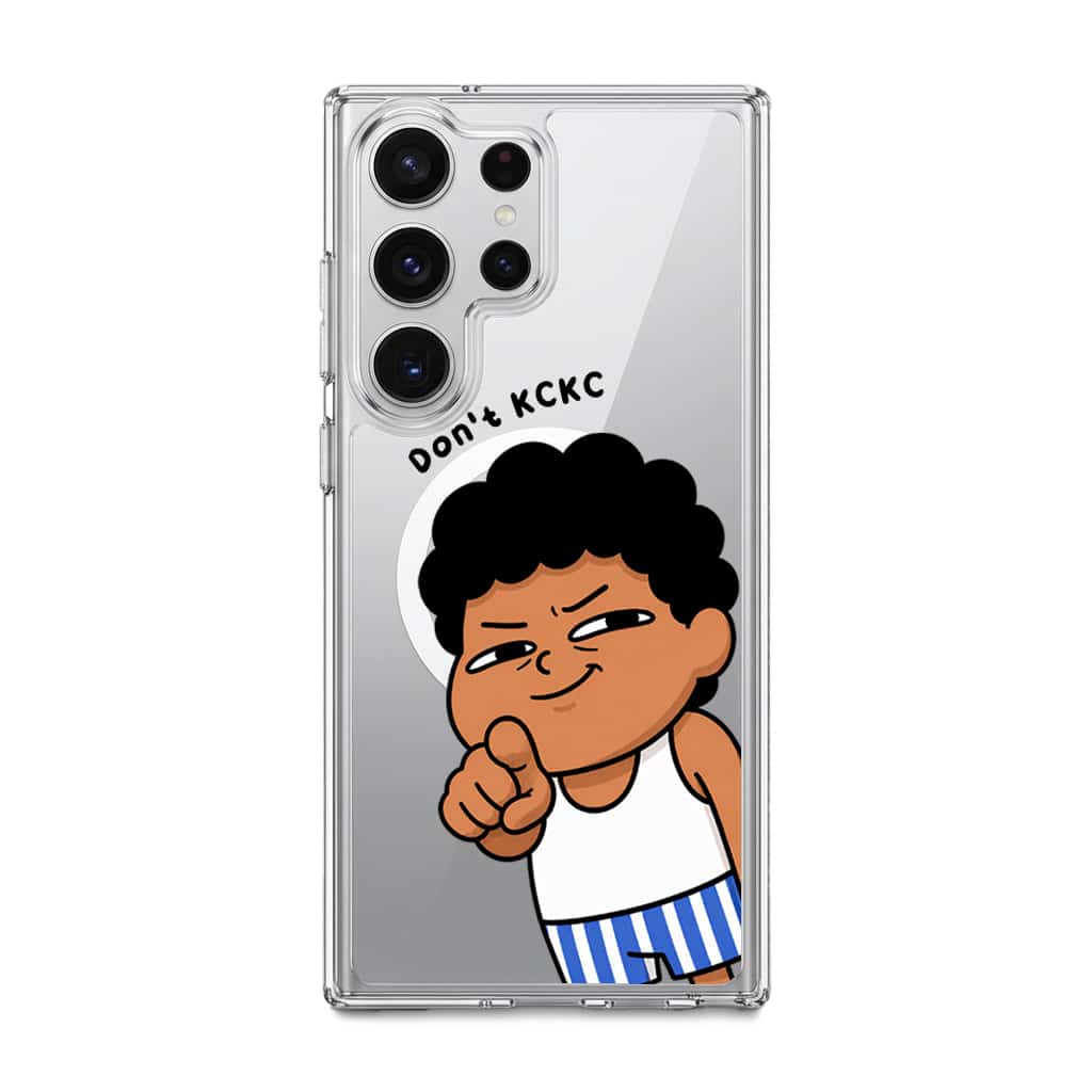 Jangan KCKC phone case, Uncle Boi smirking and pointing under the words Don't KCKC