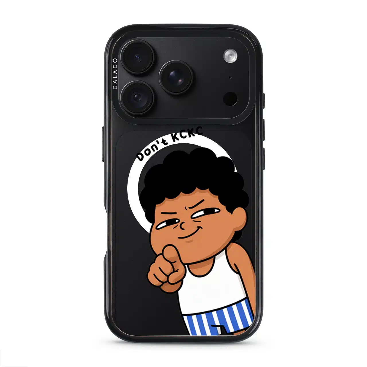 Jangan KCKC phone case, Uncle Boi smirking and pointing under the words Don't KCKC