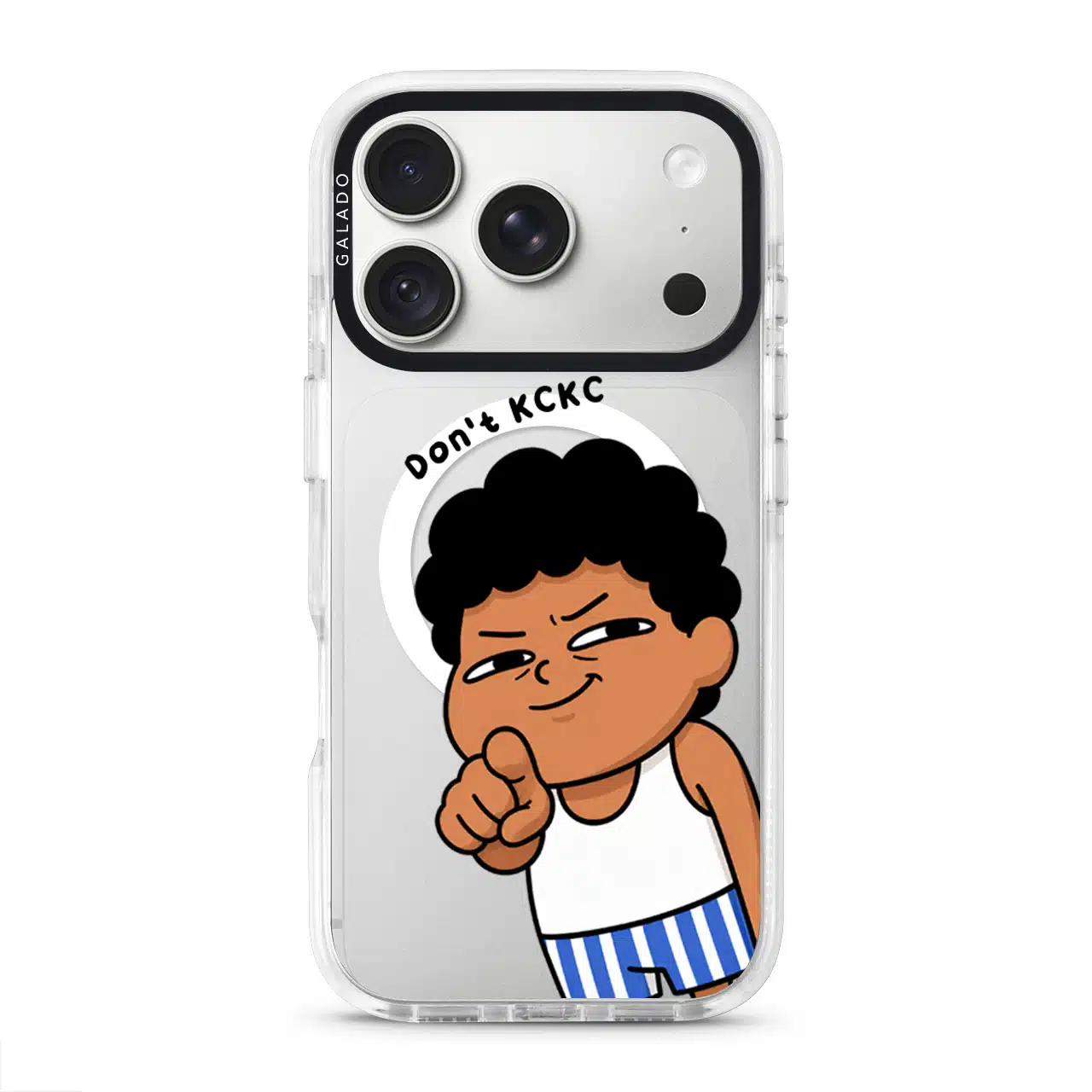 Jangan KCKC phone case, Uncle Boi smirking and pointing under the words Don't KCKC