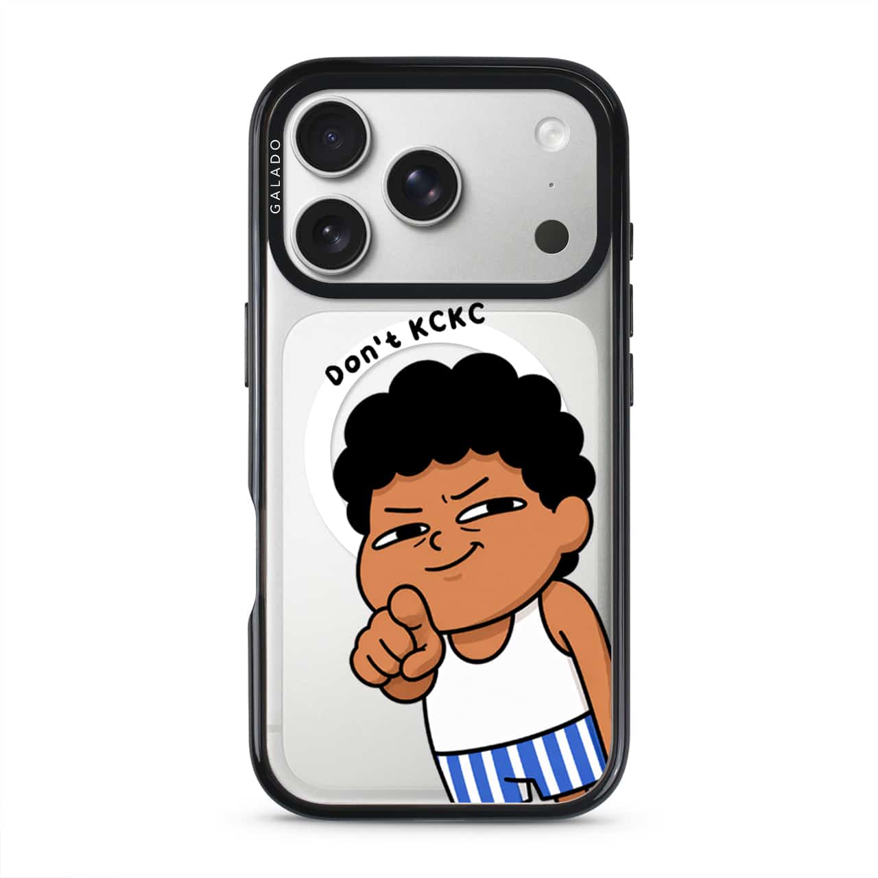 Jangan KCKC phone case, Uncle Boi smirking and pointing under the words Don't KCKC