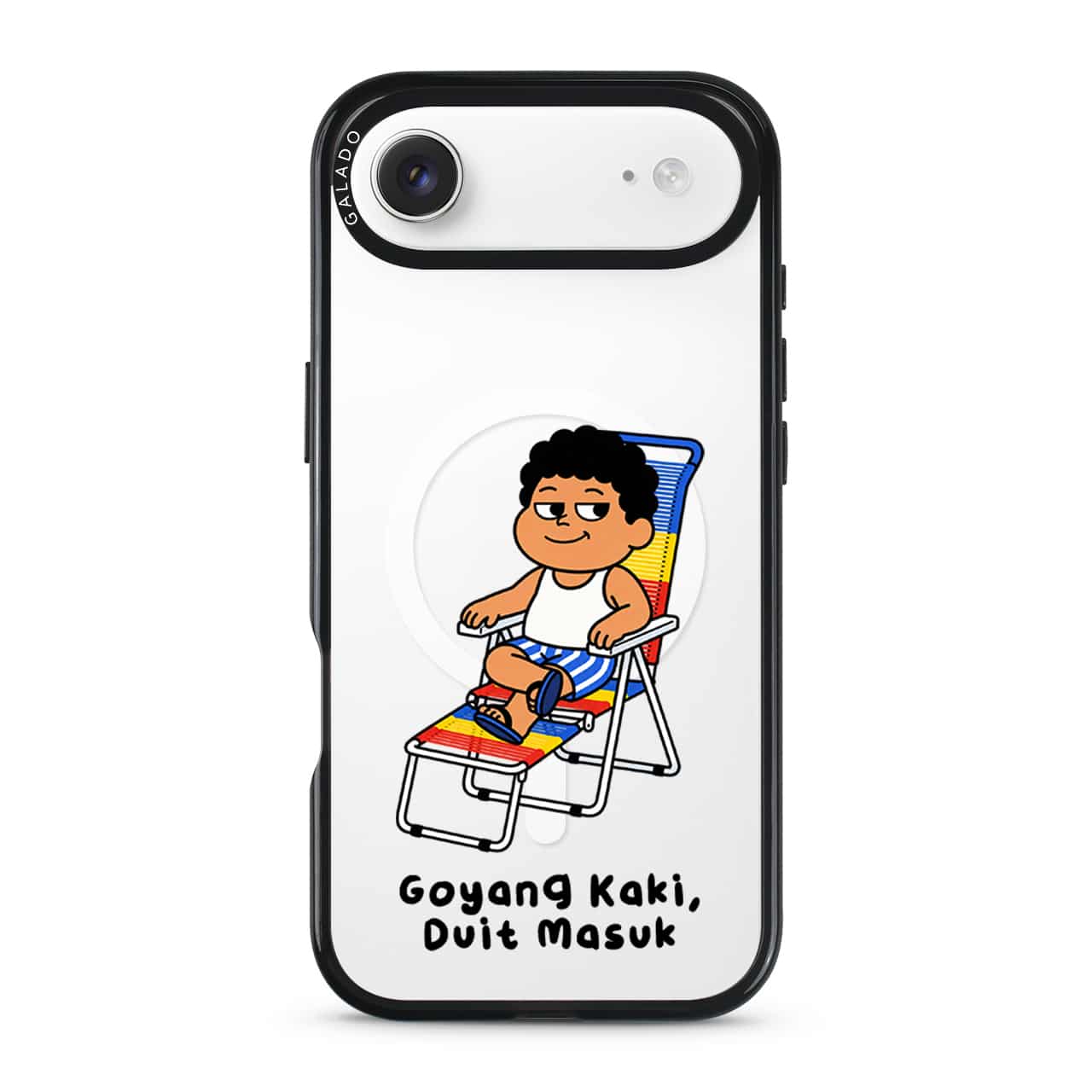 Kaki Goyang Mode phone case, Uncle Boi relaxing on a rainbow lounge chair above the words Goyang Kaki Duit Masuk