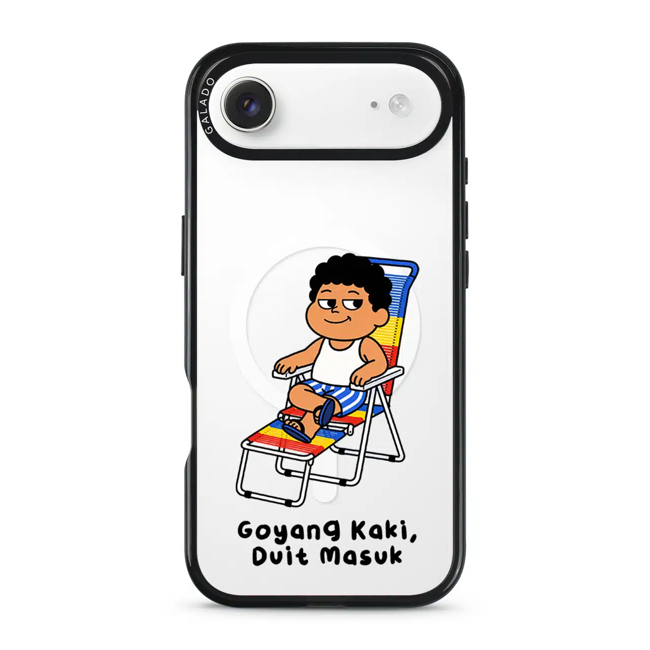 Kaki Goyang Mode phone case, Uncle Boi relaxing on a rainbow lounge chair above the words Goyang Kaki Duit Masuk