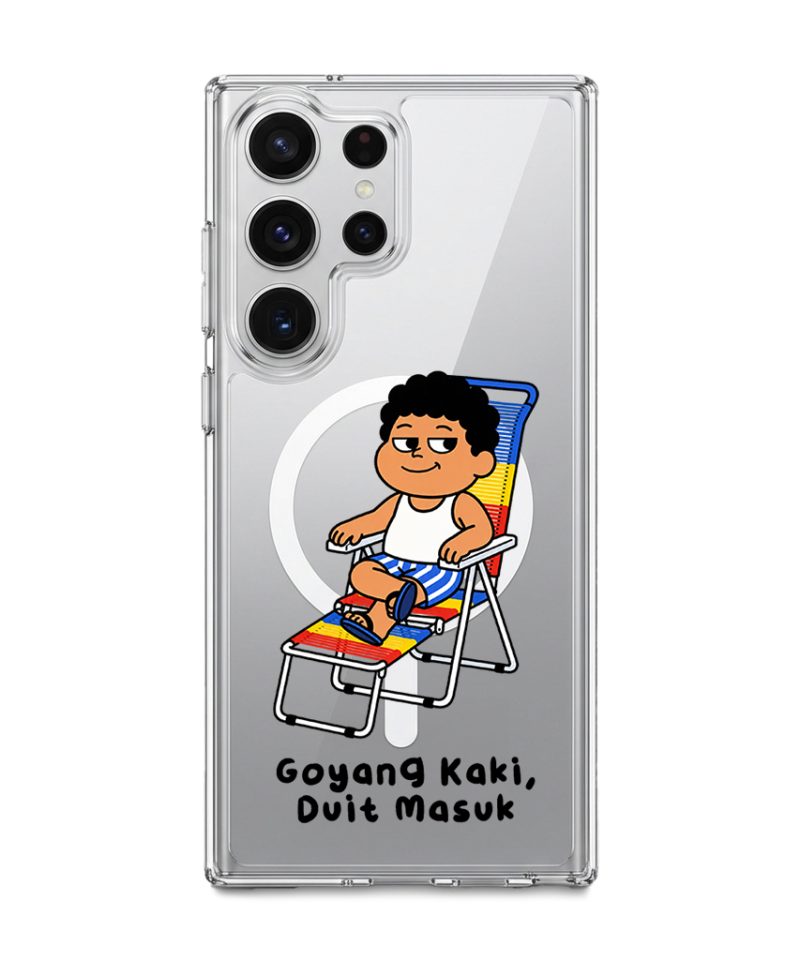 Kaki Goyang Mode phone case, Uncle Boi relaxing on a rainbow lounge chair above the words Goyang Kaki Duit Masuk