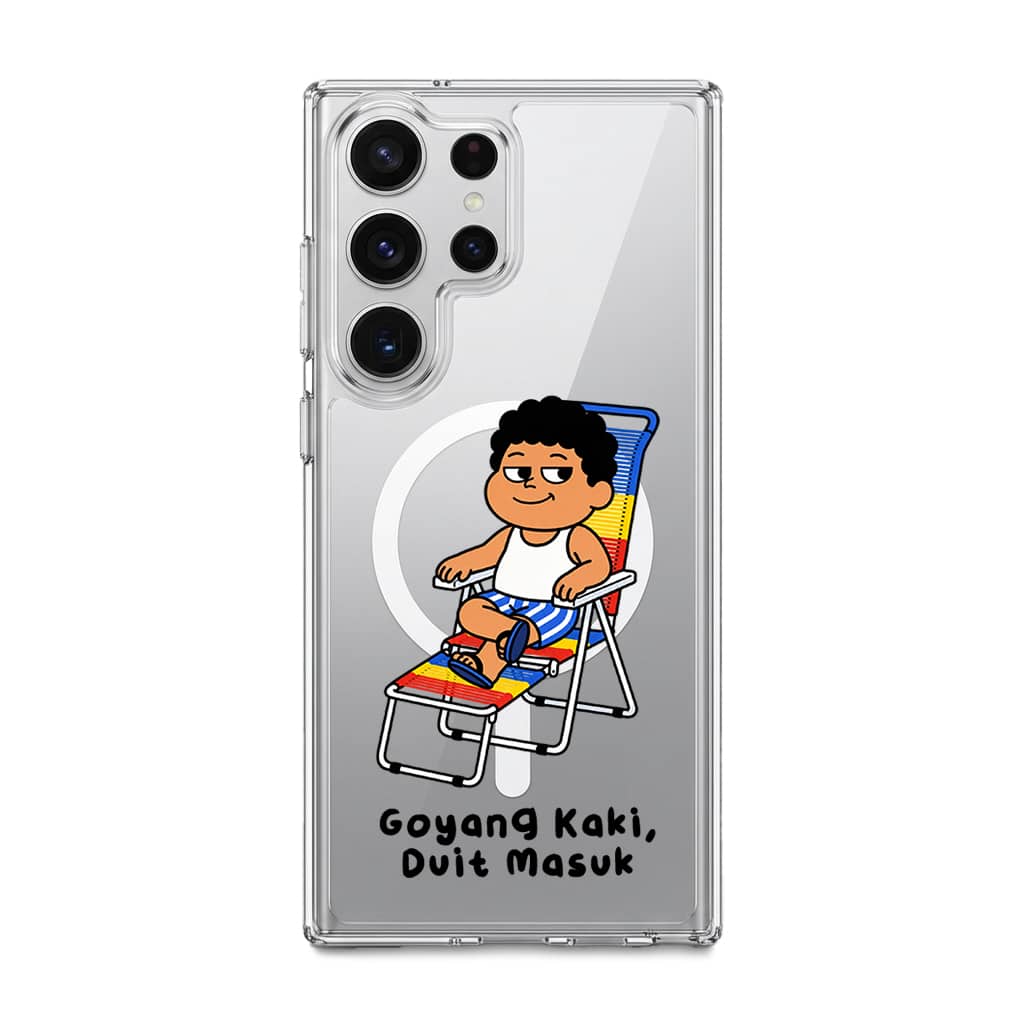 Kaki Goyang Mode phone case, Uncle Boi relaxing on a rainbow lounge chair above the words Goyang Kaki Duit Masuk
