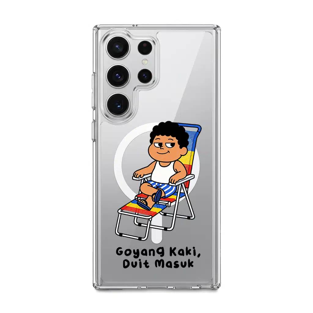 Kaki Goyang Mode phone case, Uncle Boi relaxing on a rainbow lounge chair above the words Goyang Kaki Duit Masuk
