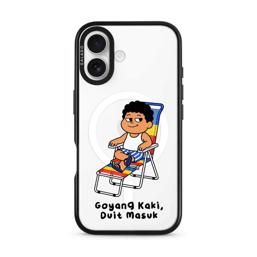Kaki Goyang Mode phone case, Uncle Boi relaxing on a rainbow lounge chair above the words Goyang Kaki Duit Masuk