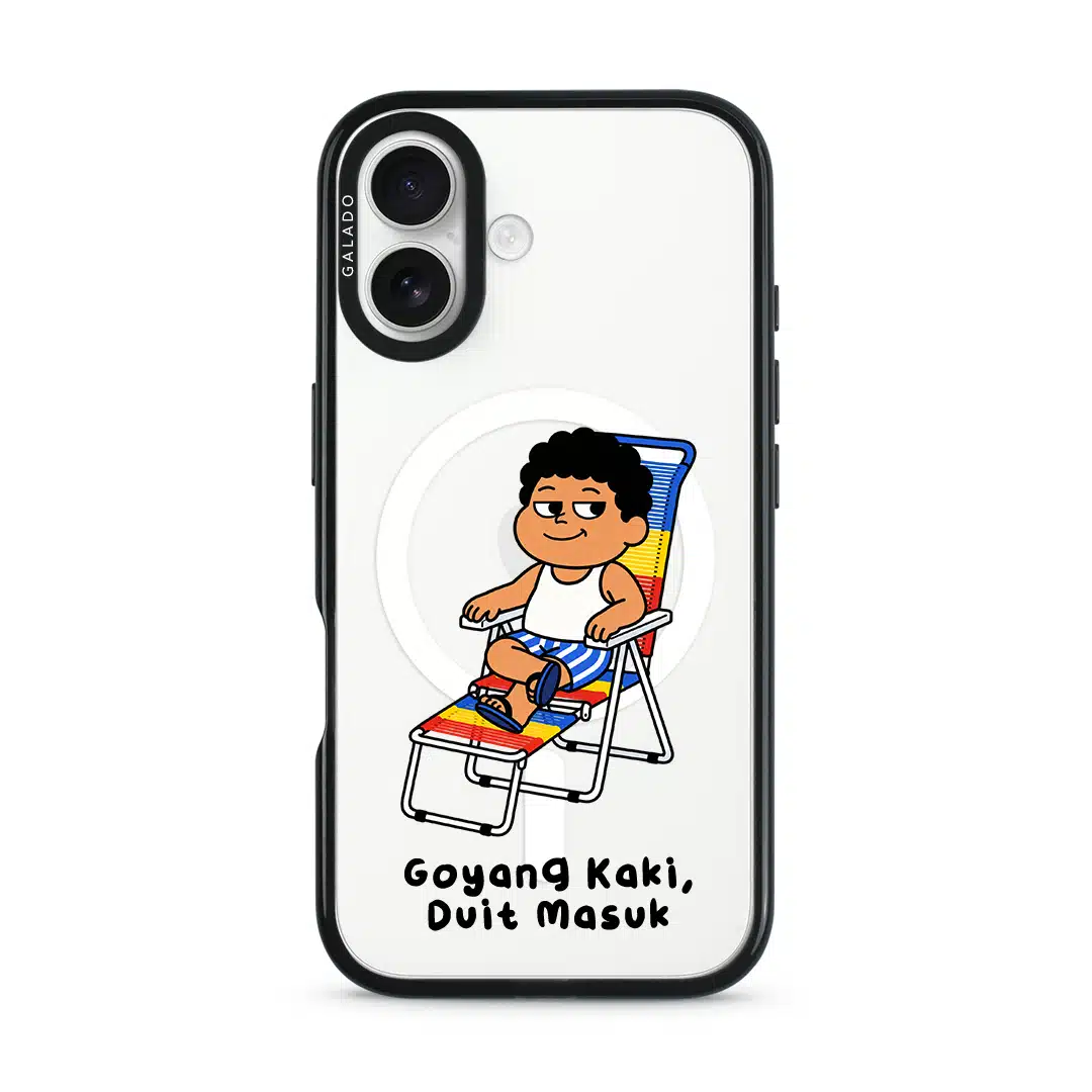 Kaki Goyang Mode phone case, Uncle Boi relaxing on a rainbow lounge chair above the words Goyang Kaki Duit Masuk