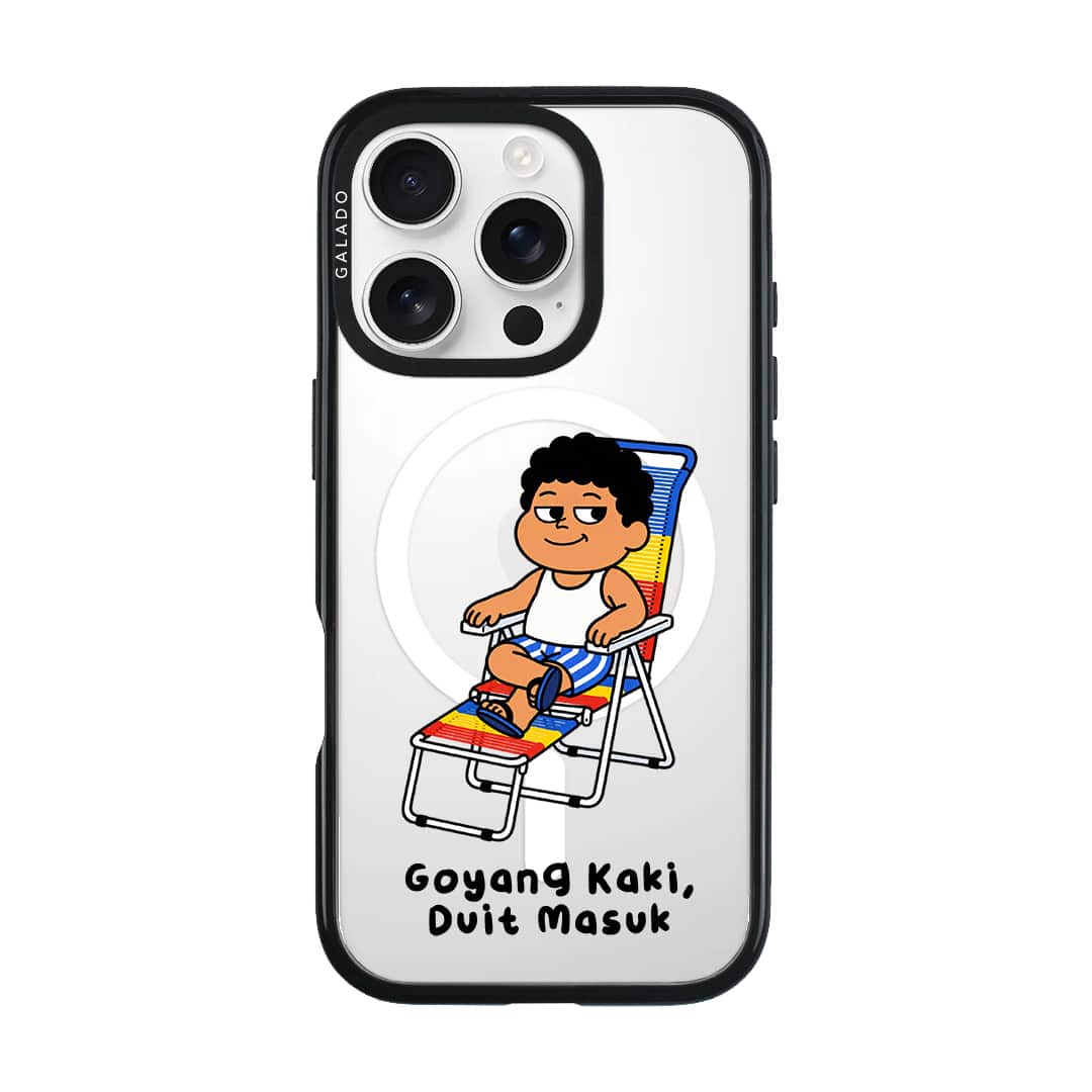 Kaki Goyang Mode phone case, Uncle Boi relaxing on a rainbow lounge chair above the words Goyang Kaki Duit Masuk