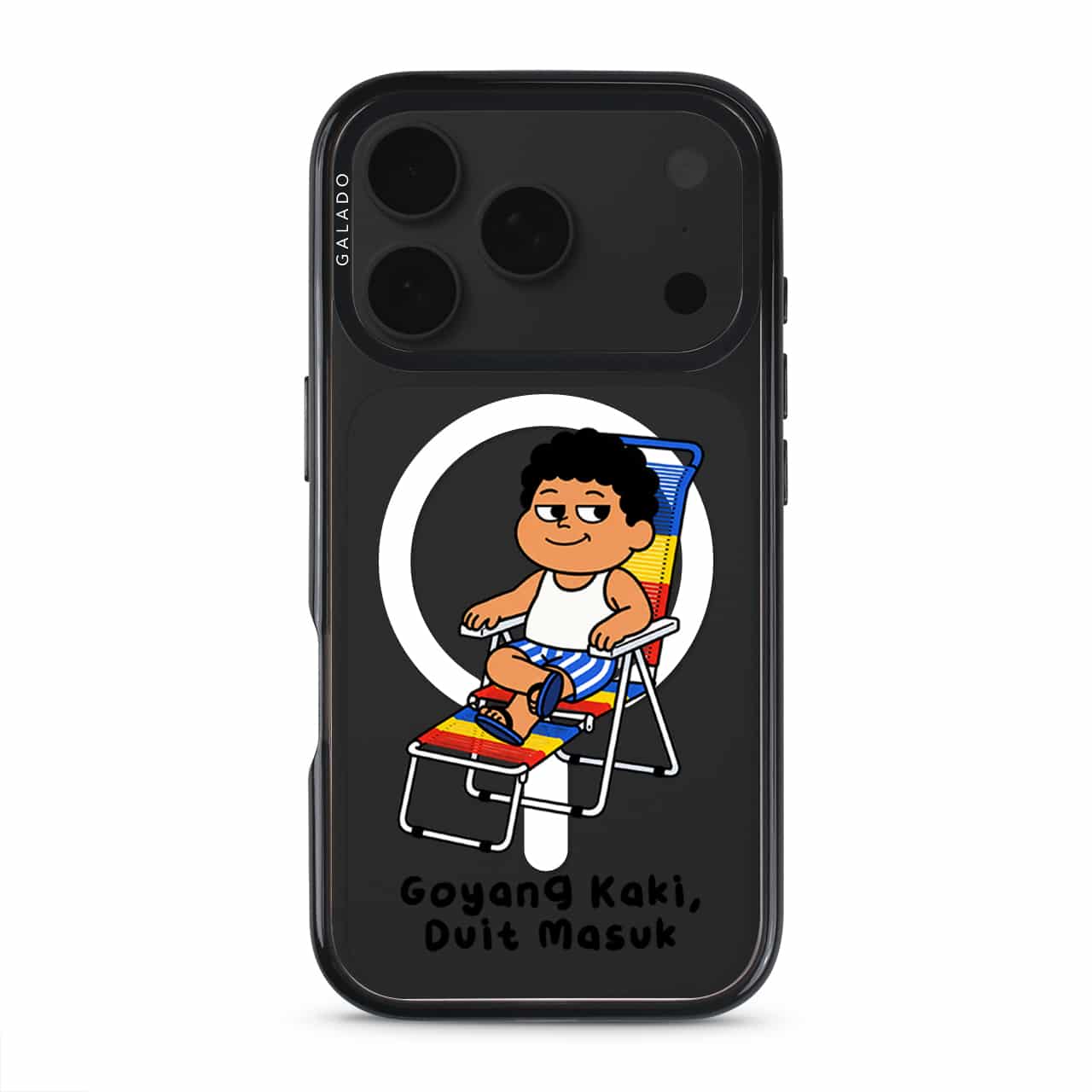 Kaki Goyang Mode phone case, Uncle Boi relaxing on a rainbow lounge chair above the words Goyang Kaki Duit Masuk