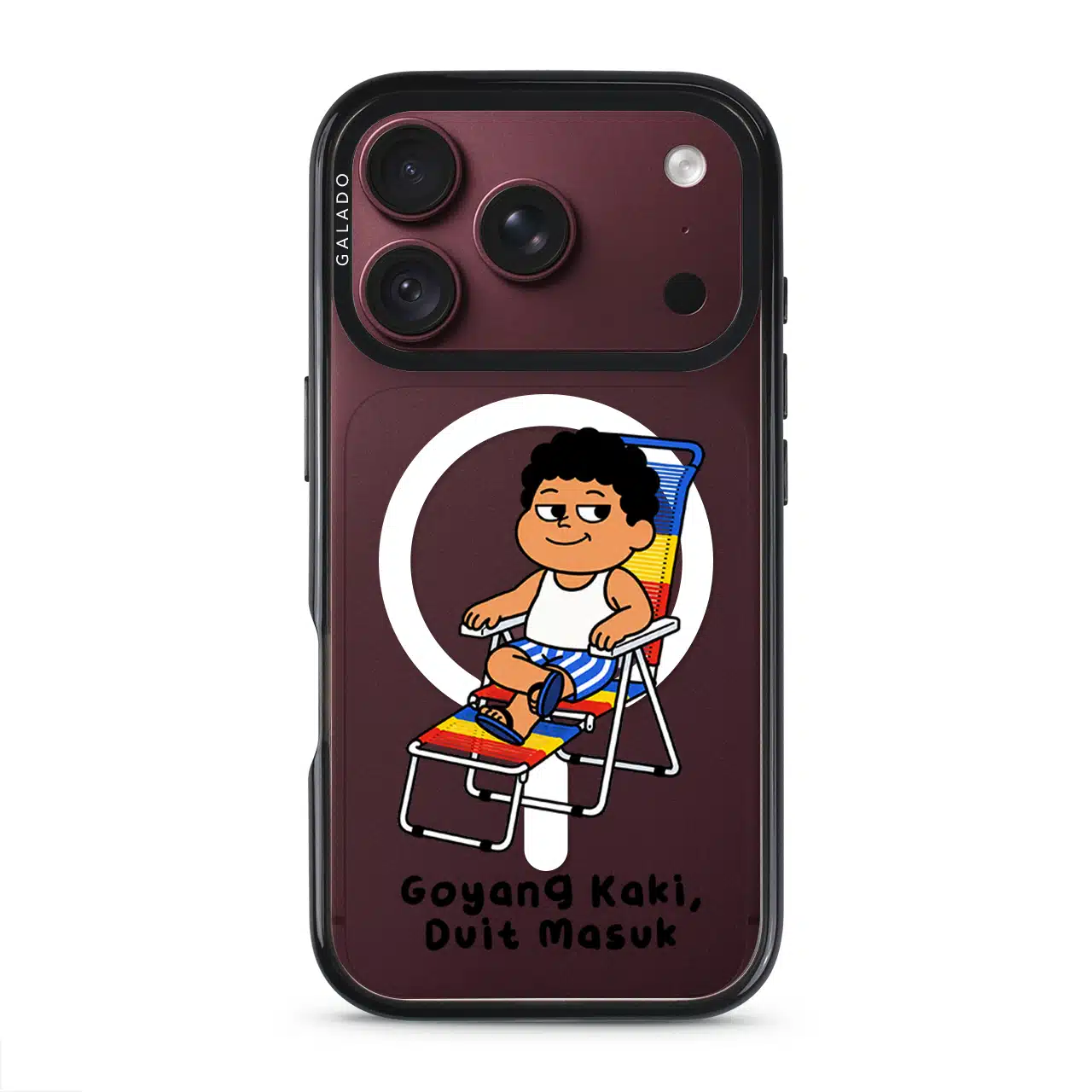 Kaki Goyang Mode phone case, Uncle Boi relaxing on a rainbow lounge chair above the words Goyang Kaki Duit Masuk