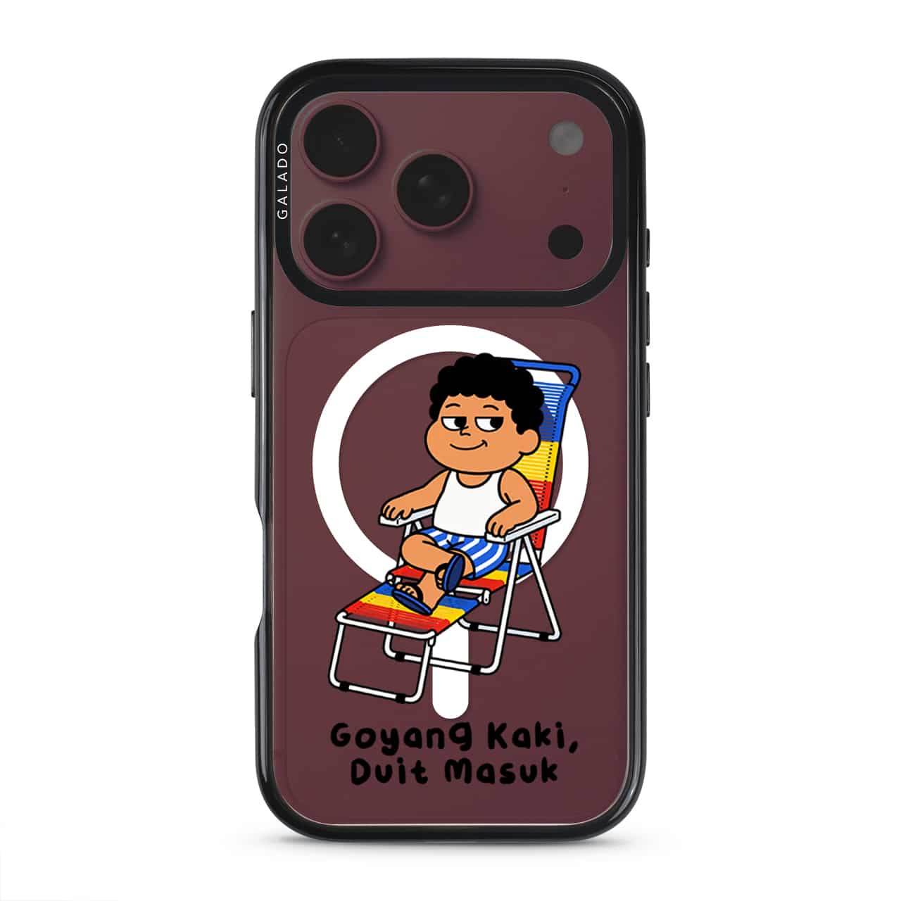Kaki Goyang Mode phone case, Uncle Boi relaxing on a rainbow lounge chair above the words Goyang Kaki Duit Masuk