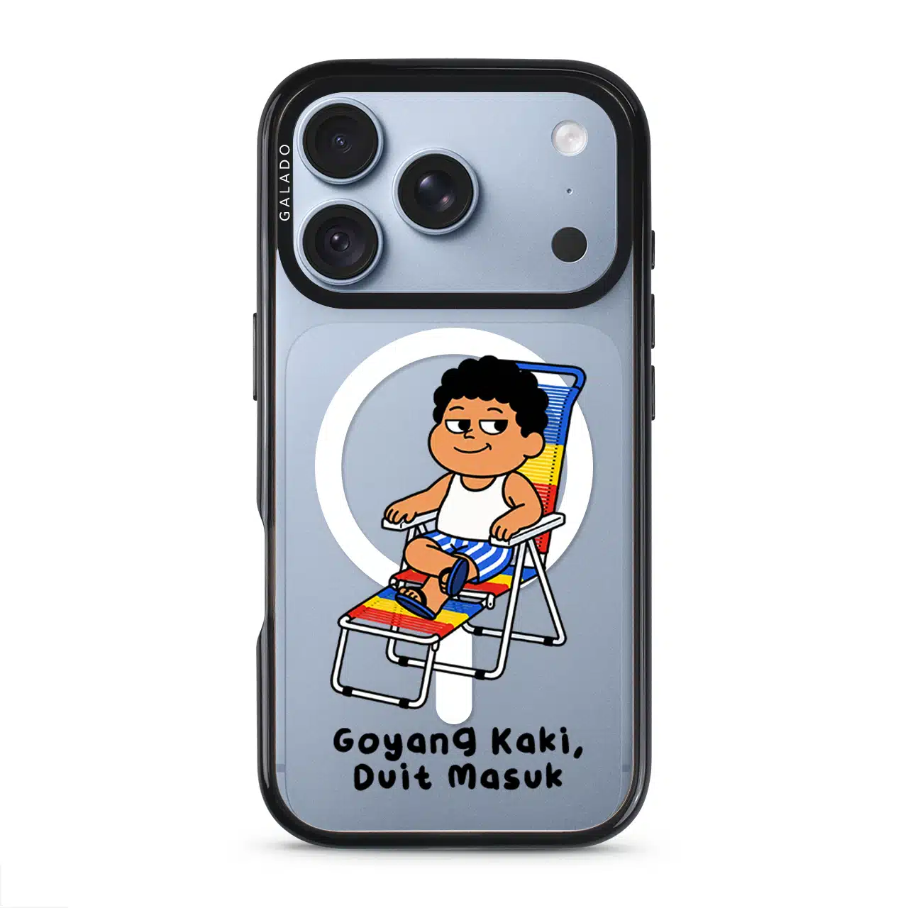 Kaki Goyang Mode phone case, Uncle Boi relaxing on a rainbow lounge chair above the words Goyang Kaki Duit Masuk