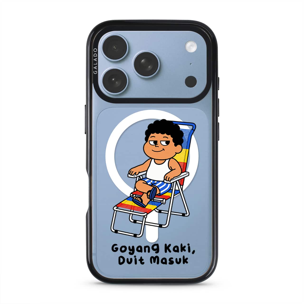 Kaki Goyang Mode phone case, Uncle Boi relaxing on a rainbow lounge chair above the words Goyang Kaki Duit Masuk