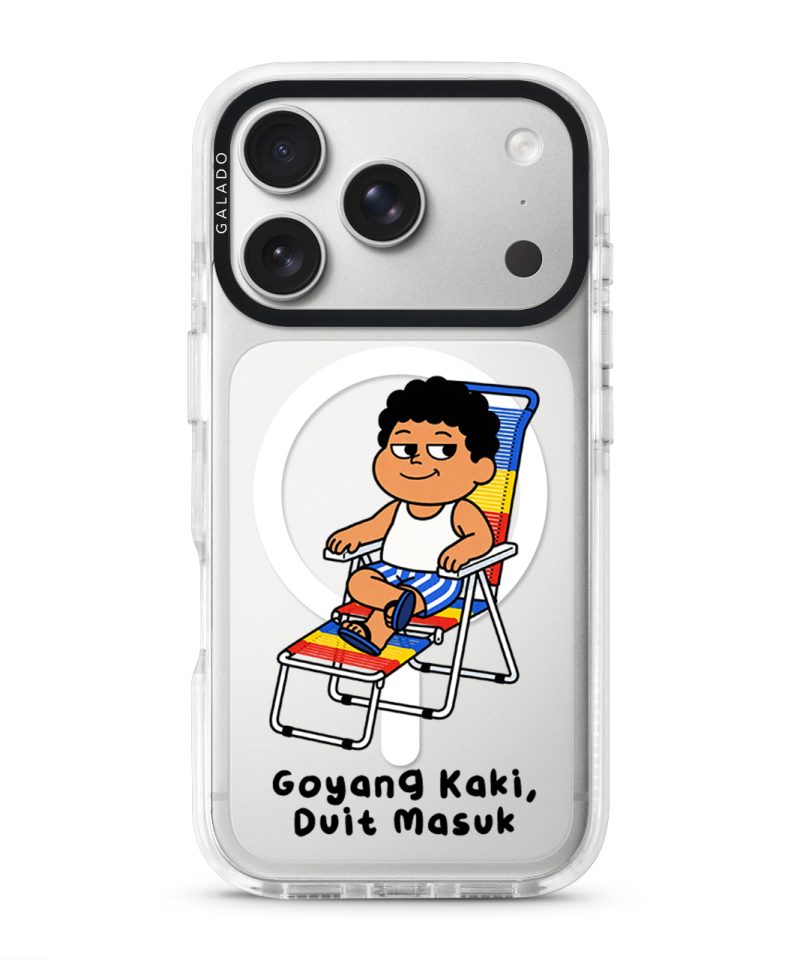 Kaki Goyang Mode phone case, Uncle Boi relaxing on a rainbow lounge chair above the words Goyang Kaki Duit Masuk