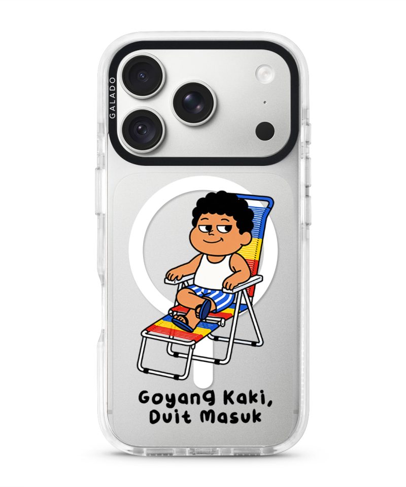 Kaki Goyang Mode phone case, Uncle Boi relaxing on a rainbow lounge chair above the words Goyang Kaki Duit Masuk