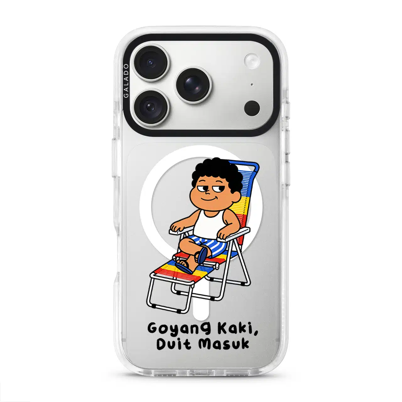 Kaki Goyang Mode phone case, Uncle Boi relaxing on a rainbow lounge chair above the words Goyang Kaki Duit Masuk