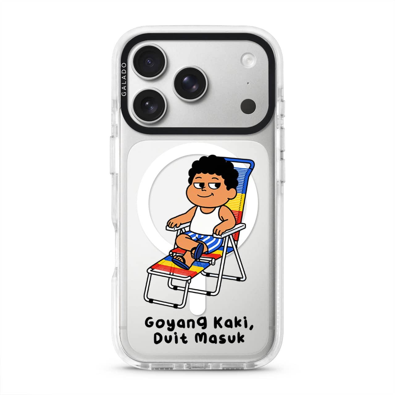 Kaki Goyang Mode phone case, Uncle Boi relaxing on a rainbow lounge chair above the words Goyang Kaki Duit Masuk