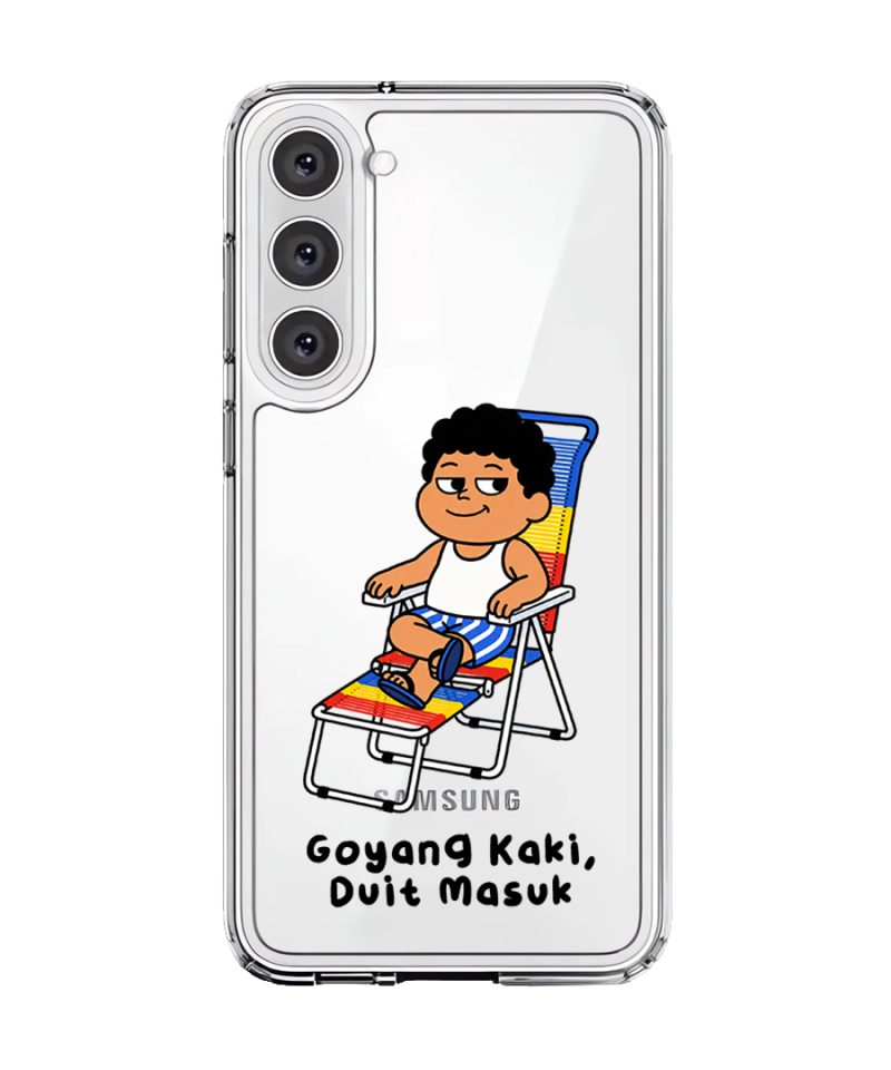 Kaki Goyang Mode phone case, Uncle Boi relaxing on a rainbow lounge chair above the words Goyang Kaki Duit Masuk