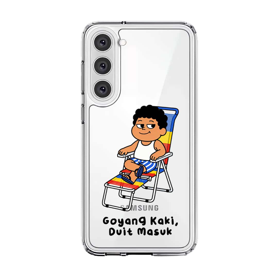 Kaki Goyang Mode phone case, Uncle Boi relaxing on a rainbow lounge chair above the words Goyang Kaki Duit Masuk