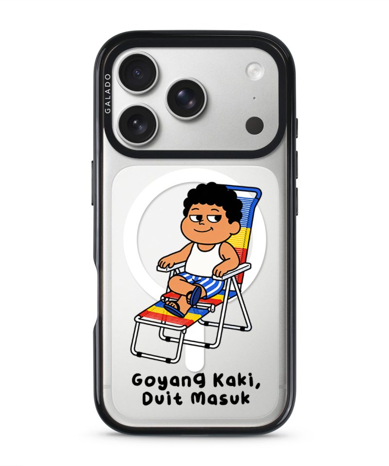 Kaki Goyang Mode phone case, Uncle Boi relaxing on a rainbow lounge chair above the words Goyang Kaki Duit Masuk