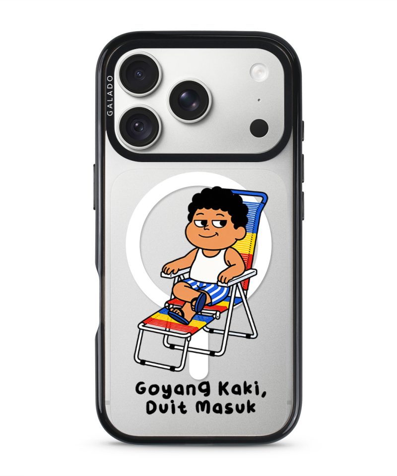 Kaki Goyang Mode phone case, Uncle Boi relaxing on a rainbow lounge chair above the words Goyang Kaki Duit Masuk