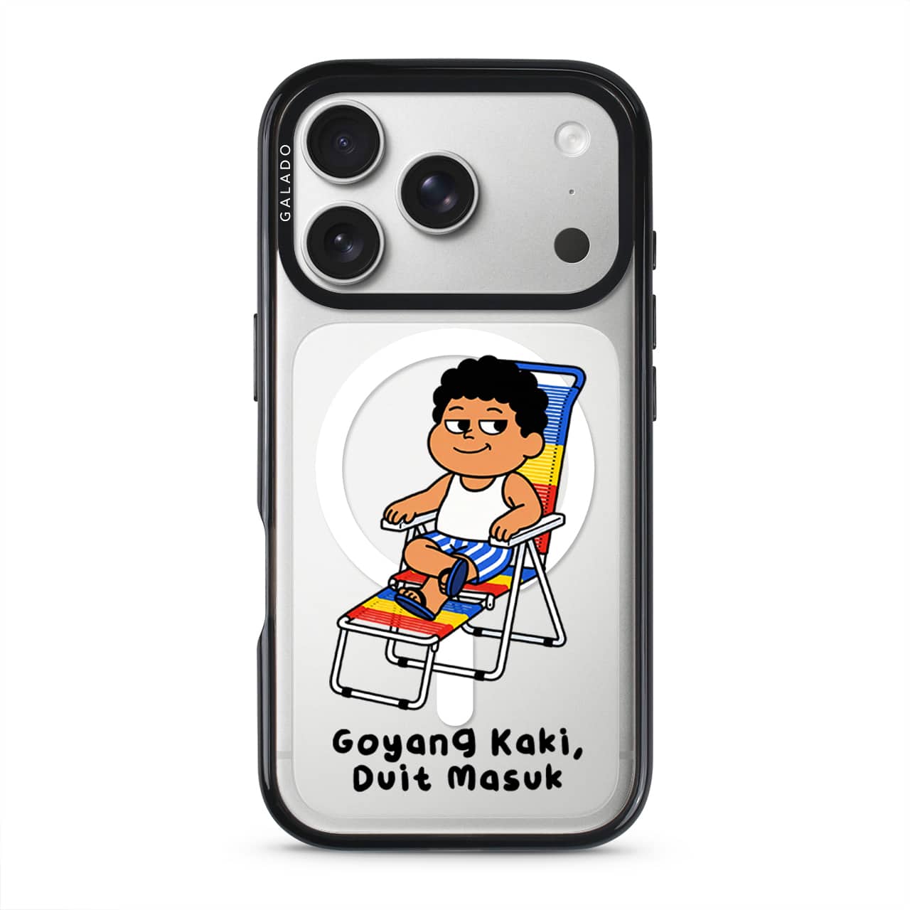 Kaki Goyang Mode phone case, Uncle Boi relaxing on a rainbow lounge chair above the words Goyang Kaki Duit Masuk