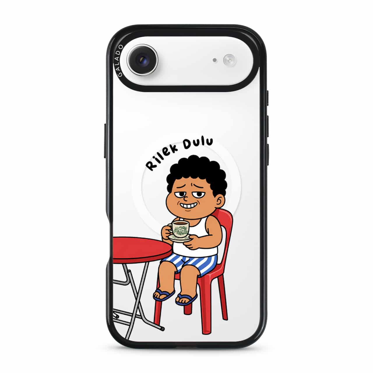 Kopi Dulu Bro phone case, Uncle Boi drinking kopi on a red kopitiam chair under the words Rilek Dulu