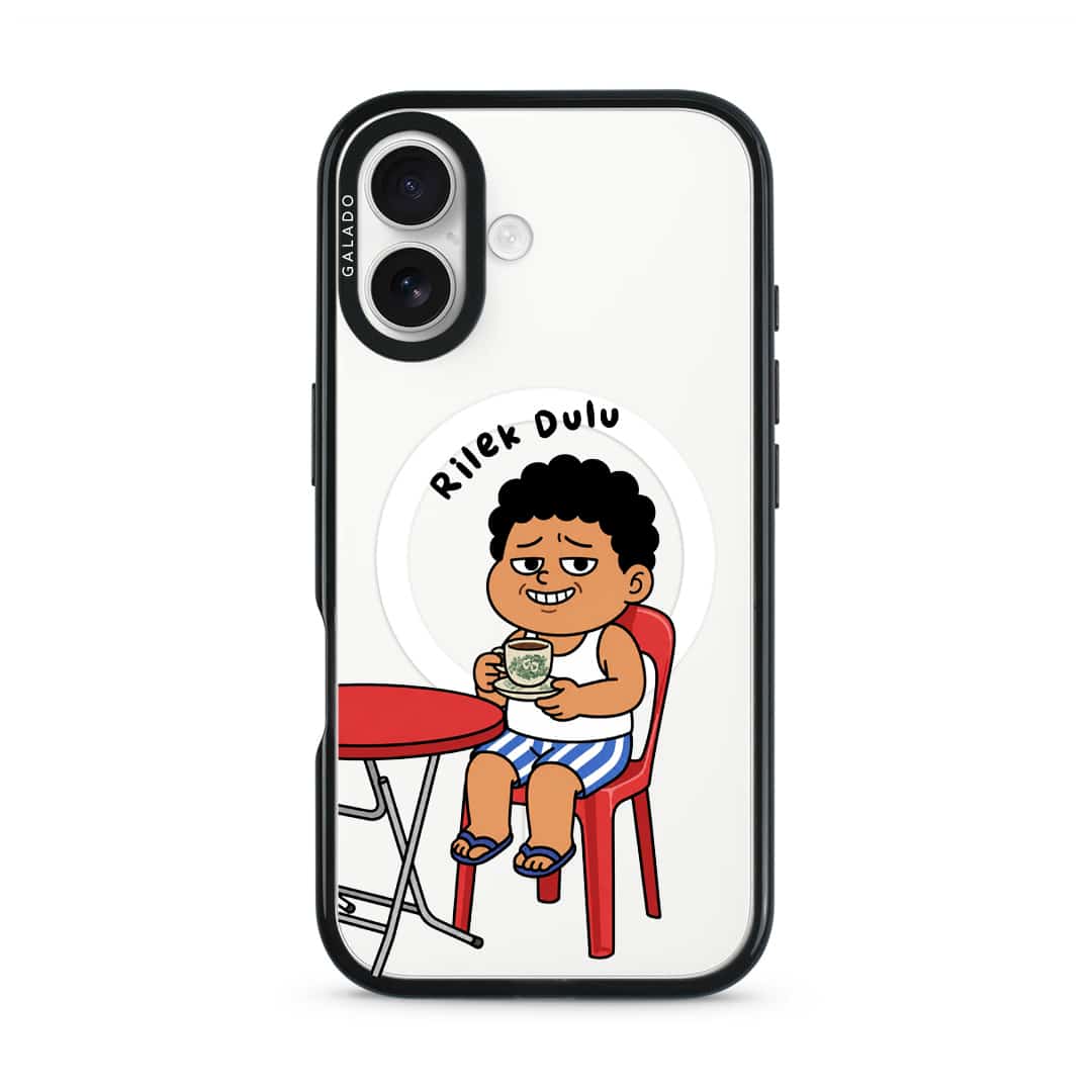 Kopi Dulu Bro phone case, Uncle Boi drinking kopi on a red kopitiam chair under the words Rilek Dulu